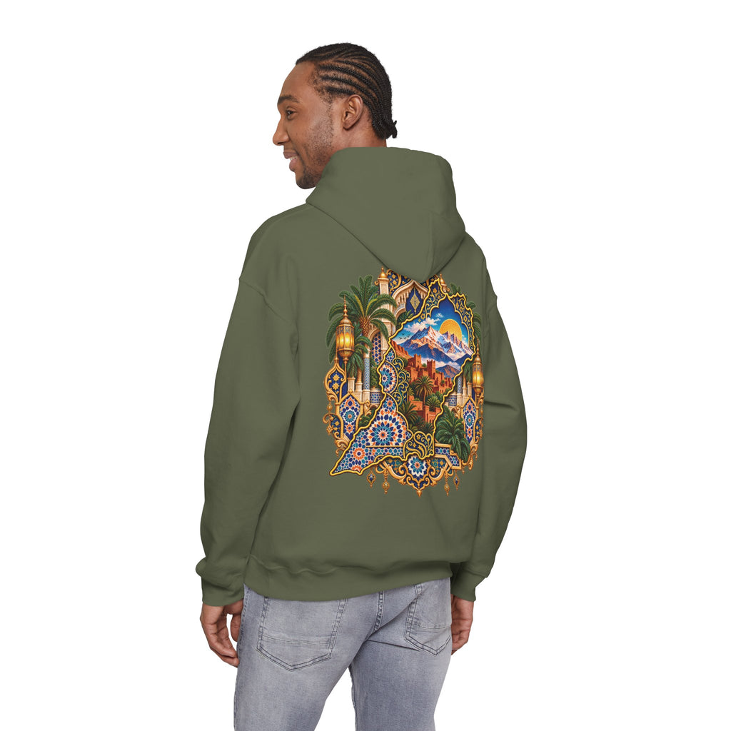Moroccan Oasis Hoodie — Desert Sunset Tapestry Backprint
