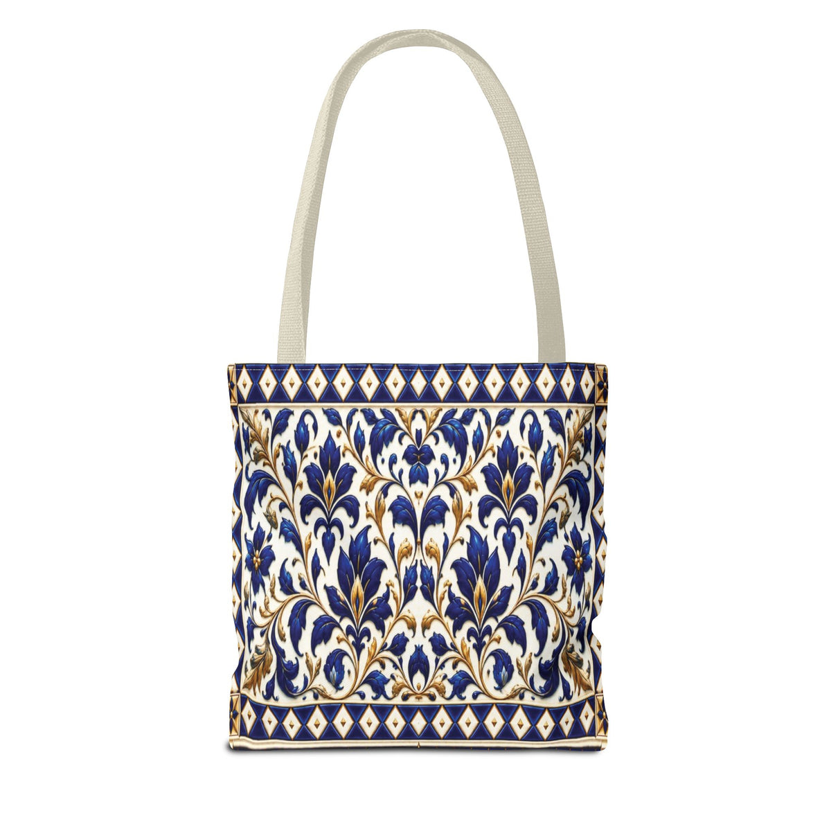 Moroccan Blue Teapot Pattern Tote Bag — Ceramic Tile Inspired Aesthetic Tote