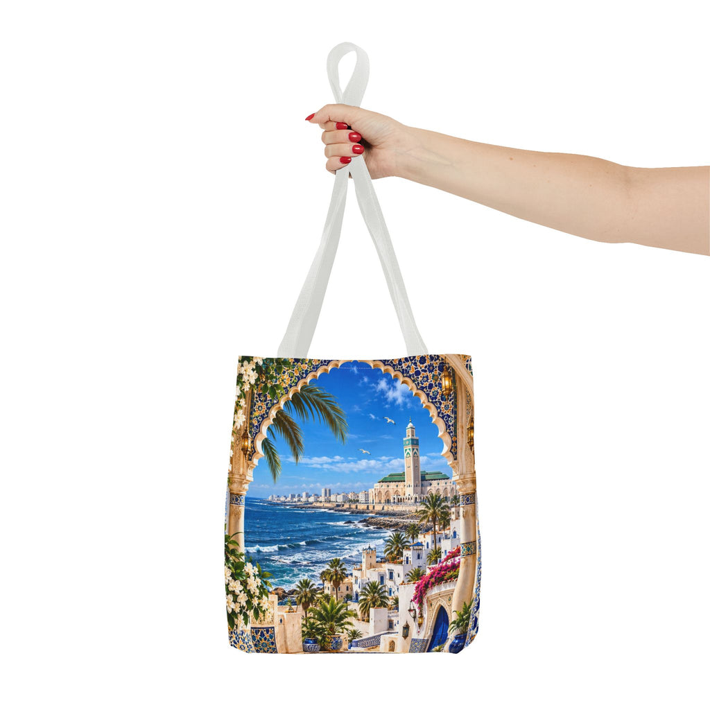 Mediterranean Mosaic Tote Bag — Seaside Moroccan Arch Scenic All-Over Print