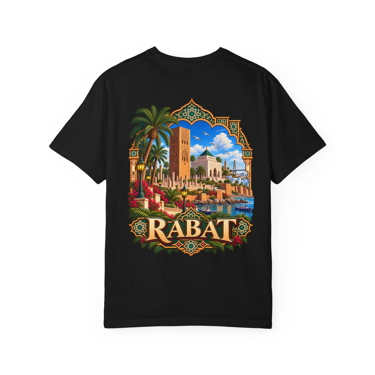 Rabat Cityscape T-Shirt — Moroccan Travel Vintage Palm & Medina Design