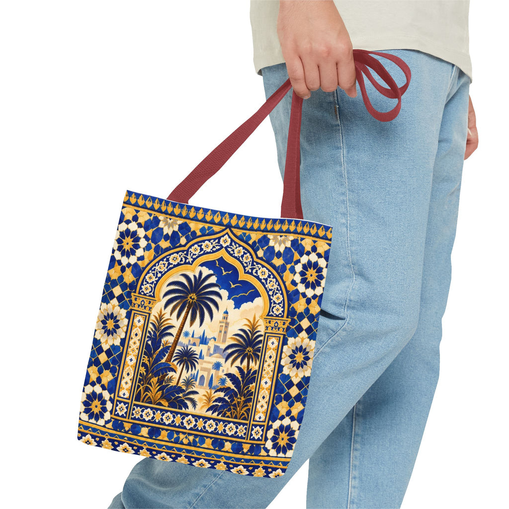 Moroccan Mosaic Tote Bag — Blue Palm Arch Pattern AOP