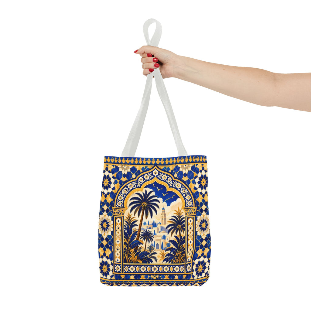 Moroccan Mosaic Tote Bag — Blue Palm Arch Pattern AOP