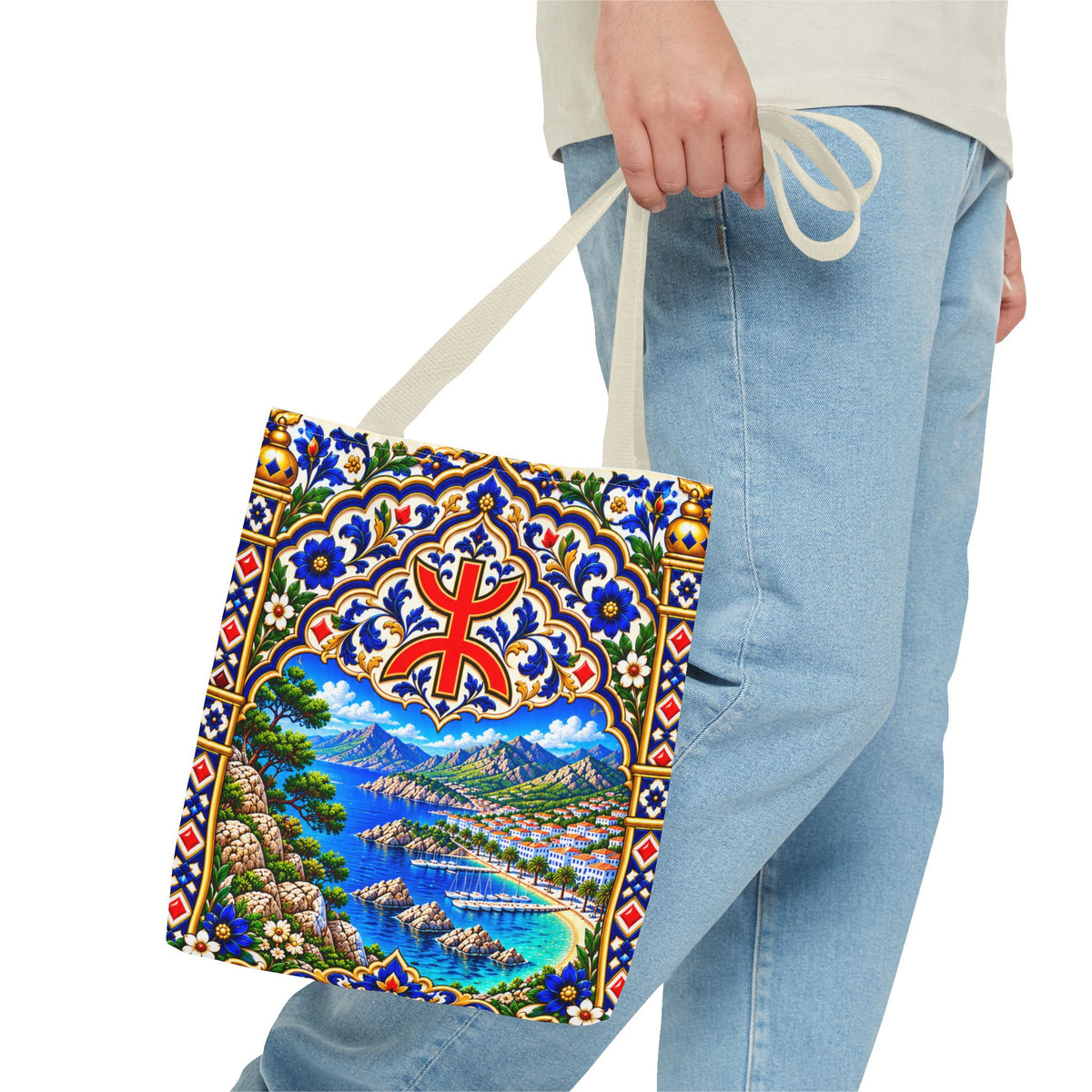 Scenic Armenian Khachkar Tote Bag — Ornate Cross & Mountain Landscape AOP
